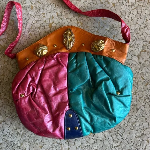 Colorblock Leather Shoulder Bag in Pink, Teal & Orange vintage - Picture 2 of 5